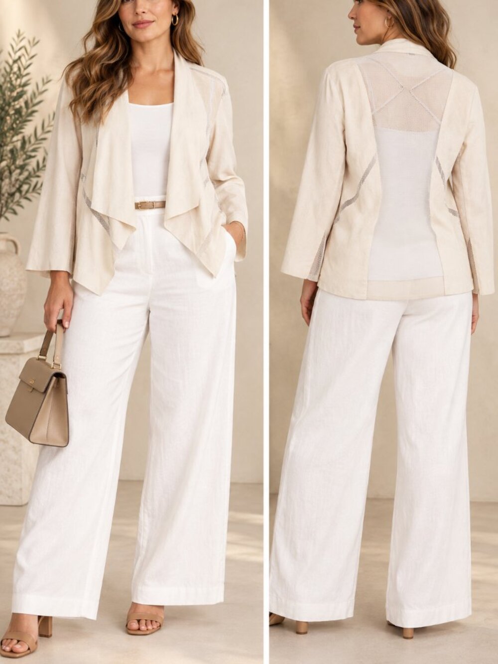 Alberto Makali Ivory Mesh Panel Draped Open Front Jacket Blazer XL